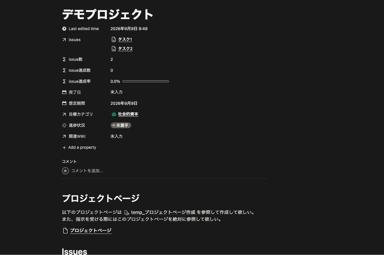 Notionの目標ページにある進捗・プロジェクトページ・関連Issues