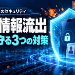 個人情報流出に備える3つの対策を示す、スマートフォンと個人情報を守る盾のイラスト