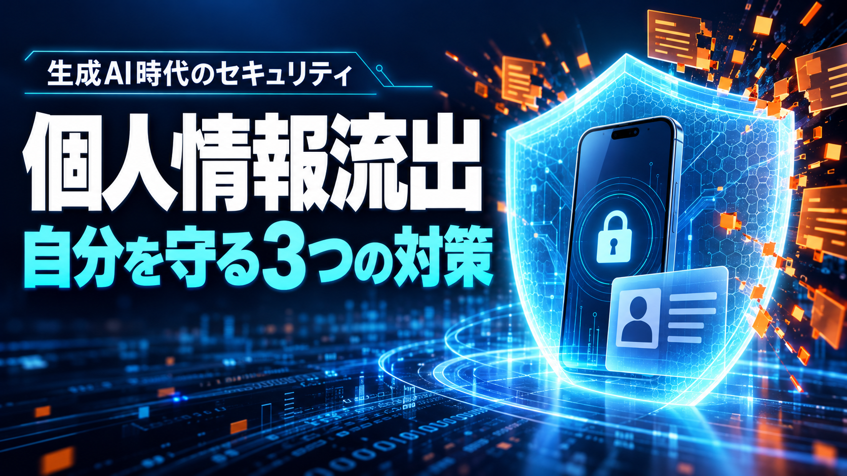 個人情報流出に備える3つの対策を示す、スマートフォンと個人情報を守る盾のイラスト